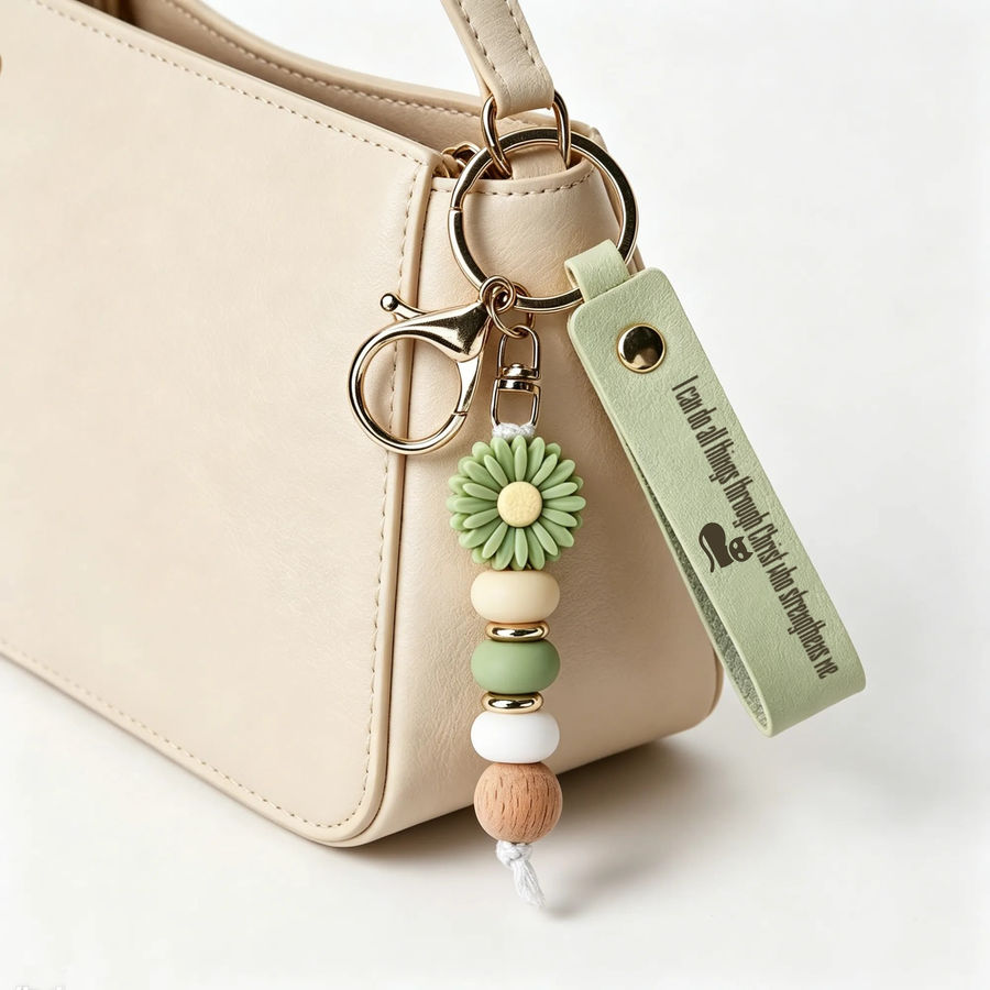 Philippians 4:13 Cat-Themed Daisy Beaded Keychain
