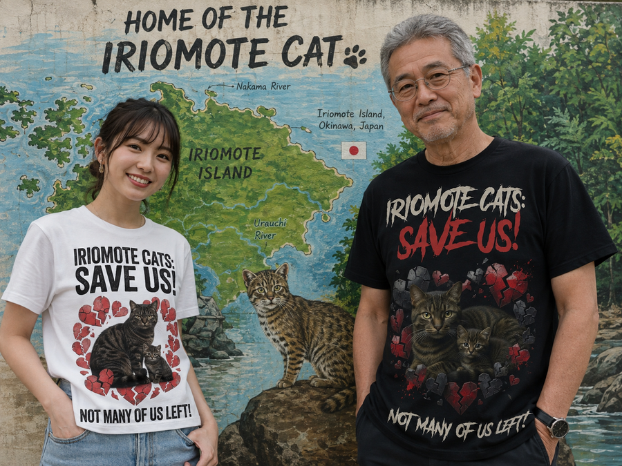 Save Us! Iriomote Cat Conservation Awareness Print T-shirt