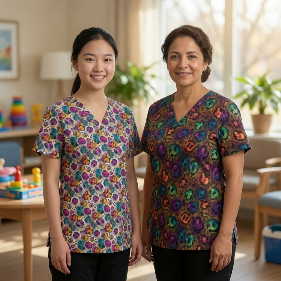 Women's Psychedelic Leopard Printed V Neck Workwear Scrub Top